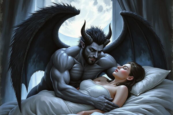 Ein muskulöser, gehörnter Inkubus mit großen schwarzen Flügeln sitzt auf dem Bett einer schlafenden Frau und verführt sie. Mondlicht fällt durch ein Fenster in das dunkle Schlafzimmer.