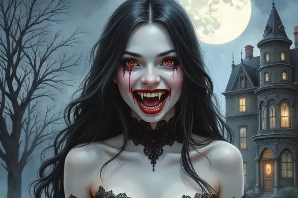 Eine Vampirin mit langen schwarzen Haaren, leuchtend roten Augen und blutigen Tränen grinst und zeigt ihre spitzen Fänge. Im Hintergrund stehen eine unheimliche Villa und ein kahler Baum vor dem Vollmond.