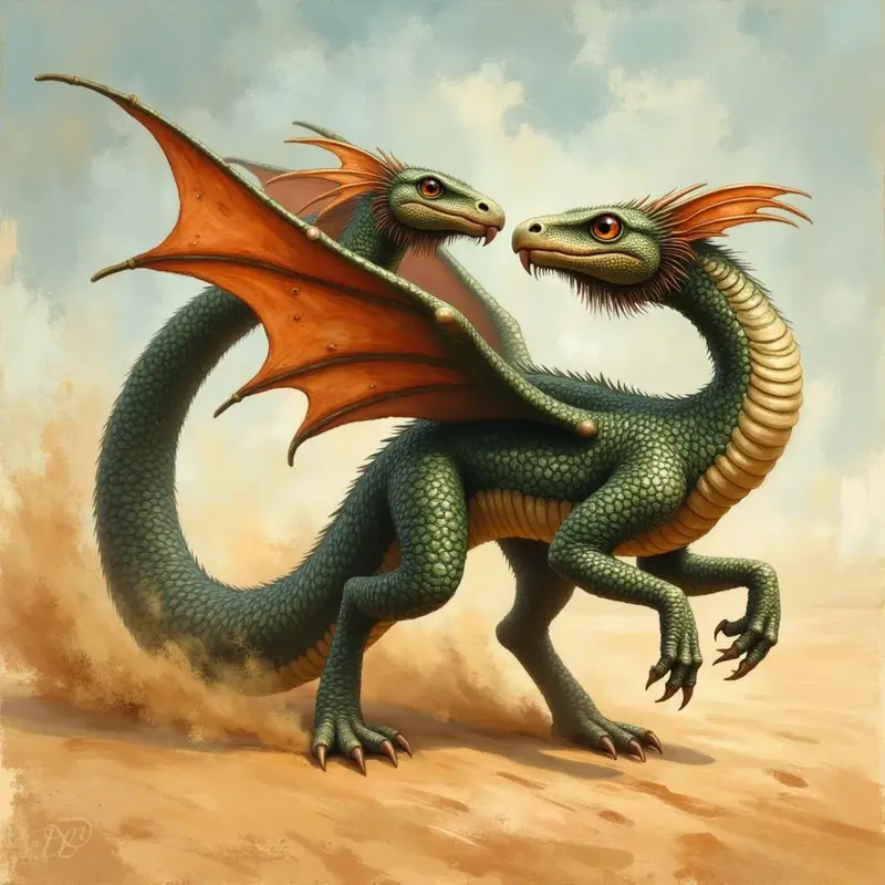 Eine grün geschuppte Amphisbaena mit einem drachenartigen Körper und zwei Köpfen steht auf sandigem Boden. Die Köpfe mit leuchtend orangen Augen blicken sich an, während hinter einem der Hälse orangefarbene, flügelartige Membranen aufgespannt sind.