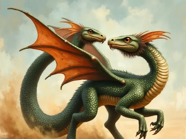 Eine grün geschuppte Amphisbaena mit einem drachenartigen Körper und zwei Köpfen steht auf sandigem Boden. Die Köpfe mit leuchtend orangen Augen blicken sich an, während hinter einem der Hälse orangefarbene, flügelartige Membranen aufgespannt sind.