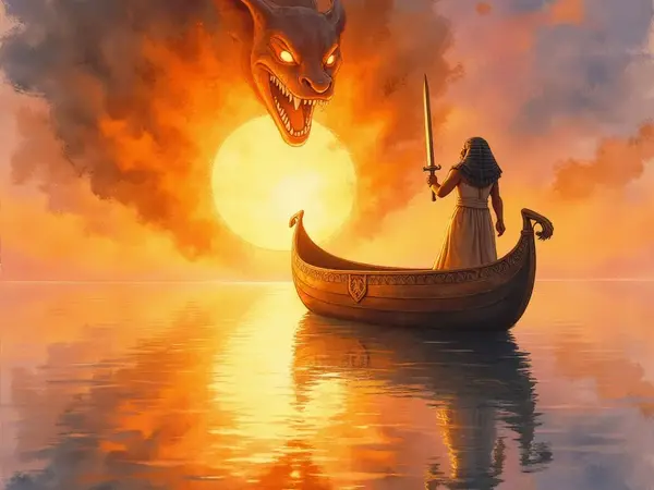 Ra in ägyptischer Kleidung steht in einer Sonnenbarke auf dem Wasser und hält ein Schwert gegen den gigantischen, dämonischen Schlangenkopf des Gottes Apophis, der aus feurigen Wolken vor der Sonne erscheint.