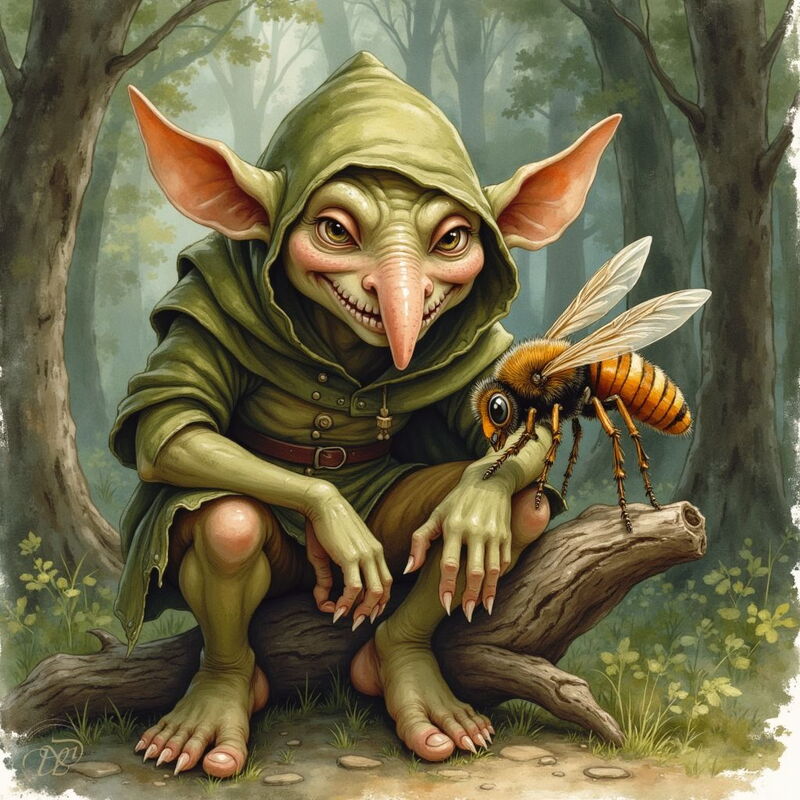 Ein listig grinsender Goblin mit grüner Haut, grossen spitzen Ohren und langer Nase hockt auf einem Ast im Wald. Auf seinem Arm sitzt eine grosse Hornisse, die er aufmerksam betrachtet.