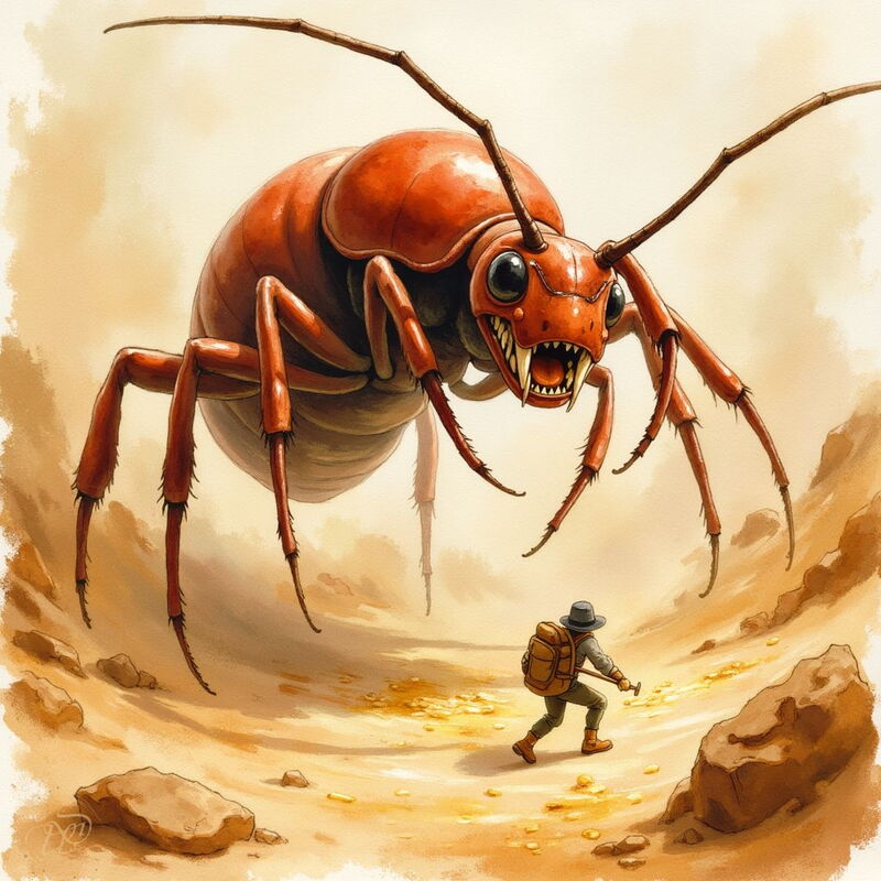 Eine gigantische, rote Ameise mit furchteinflößenden Mandibeln verfolgt einen Abenteurer durch eine karge Wüstenlandschaft. Auf dem sandigen Boden zwischen ihnen liegen kleine Haufen aus Goldstaub.