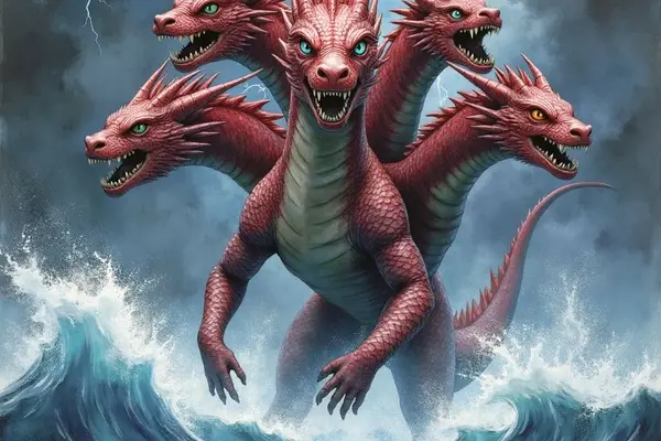 Die fünfköpfige, rote Drachengöttin Tiamat erhebt sich aus einem stürmischen, peitschenden Meer. Blitze zucken am dunklen Himmel über ihr, während sie mit aufgerissenen Mäulern ihre Macht demonstriert.