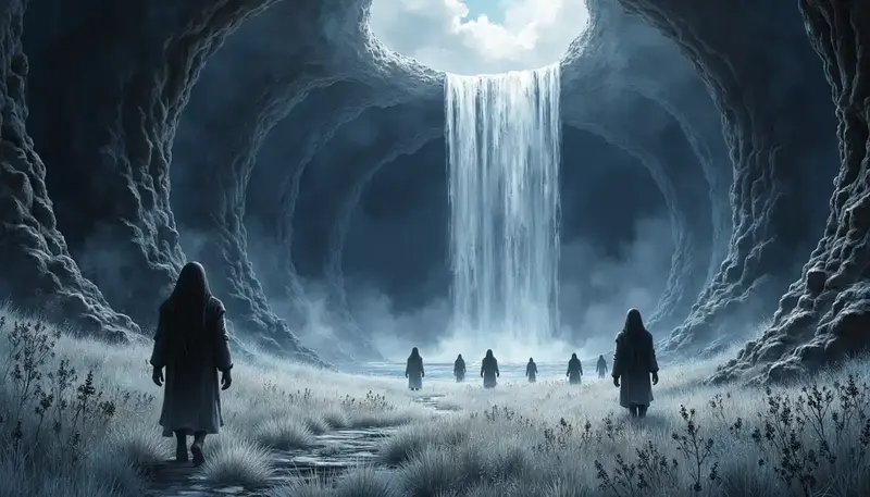 Die spiralförmige Unterwelt des Hades mit dem Fluss Styx und Feldern aus schwarzen Lilien.