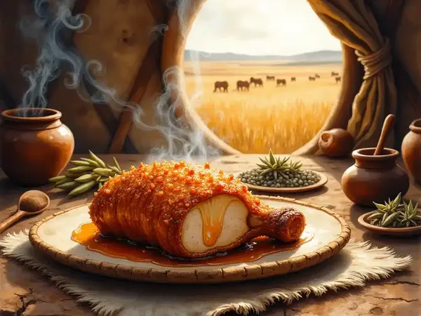 Gebratenes Scythisches Barometz-Lamm mit Honigkruste auf einer Steinplatte