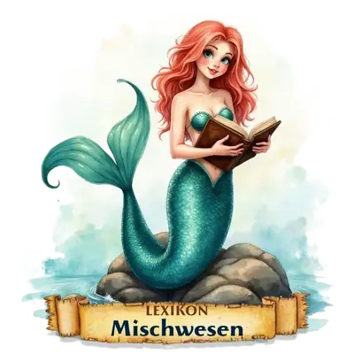 Eine rothaarige Meerjungfrau mit türkisem Fischschwanz sitzt auf einem Felsen im Meer und liest ein Buch.