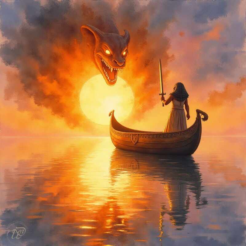 Ra in ägyptischer Kleidung steht in einer Sonnenbarke auf dem Wasser und hält ein Schwert gegen den gigantischen, dämonischen Schlangenkopf des Gottes Apophis, der aus feurigen Wolken vor der Sonne erscheint.