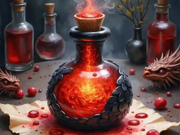 Mit schwarzen Schuppen verzierte Phiole, in der das glühende Drachenzorn-Elixier wie Magma wirbelt und raucht.