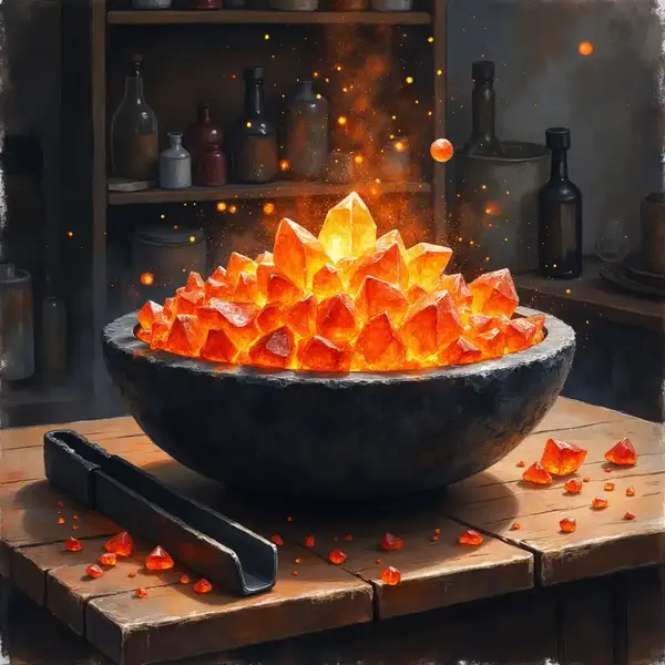 Leuchtende orange Feuersalze in einer Steinschale auf einem Alchemie-Tisch.