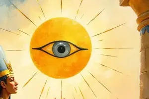 Der ägyptische Gott Aton als leuchtende Sonnenscheibe mit einem Auge, dem ein Pharao mit hoher blauer Krone huldigt