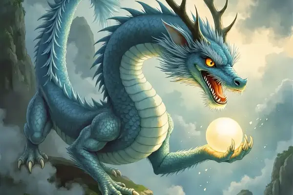 Der chinesische Drache ShenLong gleitet mit blauen Schuppen durch Regenwolken