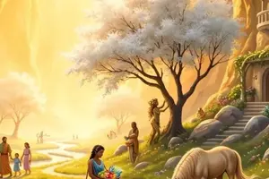 Goldenes Licht erhellt das Elysium, wo Selige unter einem weißen Baum am Flussufer weilen.
