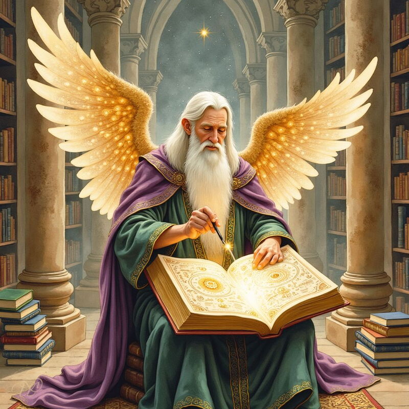 Der weise Engel Metatron mit langem weissem Bart und goldenen Flügeln sitzt in einer himmlischen Bibliothek. Er schreibt mit einem leuchtenden Stift in ein grosses, magisches Buch, das mit Symbolen und Licht gefüllt ist.