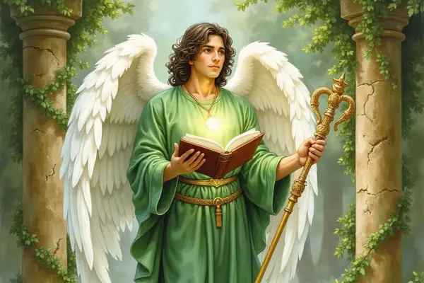 Erzengel Raphael in grünen Gewändern mit weissen Flügeln steht in einem heiligen Wasserbecken. Er hält ein leuchtendes Buch und einen goldenen Stab, mit dem er das Wasser in ein heilendes grünes Licht taucht.