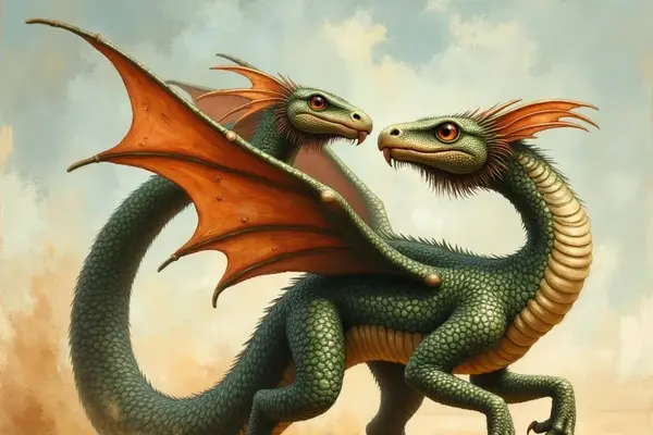 Eine grün geschuppte Amphisbaena mit einem drachenartigen Körper und zwei Köpfen steht auf sandigem Boden. Die Köpfe mit leuchtend orangen Augen blicken sich an, während hinter einem der Hälse orangefarbene, flügelartige Membranen aufgespannt sind.