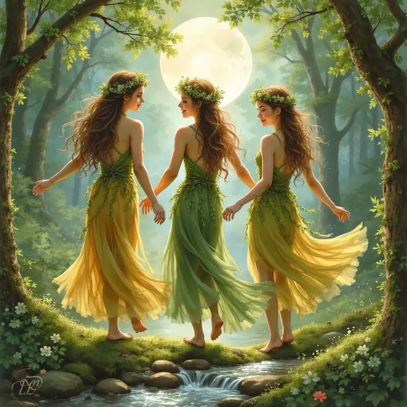 Drei anmutige Nymphen mit Blumenkränzen im Haar tanzen barfuss an einem Waldbach. Sie tragen fliessende, grüne und gelbe Kleider, während im Hintergrund der Vollmond durch die Bäume scheint.