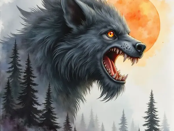 Der riesige Wolf Fenrir fletscht die Zähne vor einem orangeroten Vollmond über Nadelwäldern.