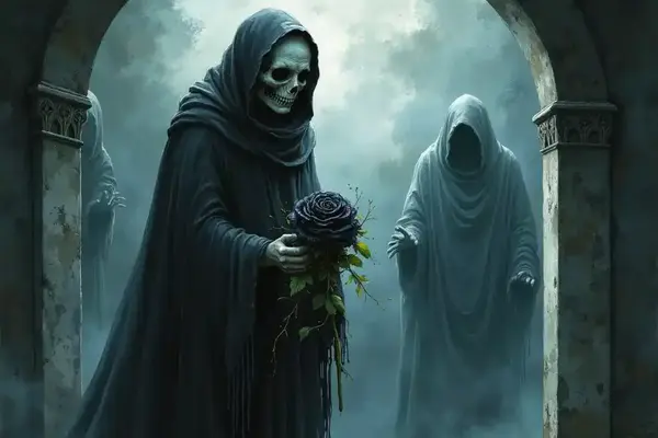 Ein verfluchter Mann mit Totenkopf in einer Gruft, umgeben von Geisterschatten und Staub.