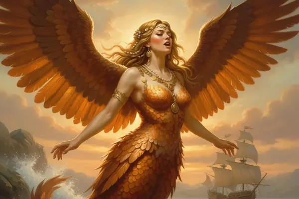 Eine Sirene in der Gestalt einer Frau mit großen, orange-goldenen Flügeln und Vogelbeinen steht singend auf einem Felsen am Meer. Im Hintergrund fährt bei Sonnenuntergang ein historisches Segelschiff auf den tosenden Wellen.