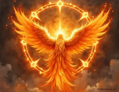 Flammender Seraphim inmitten des leuchtenden Rades eines Ophanim im goldenen Licht.