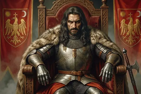 Historische Darstellung von Vlad III. Drăculea auf dem Thron