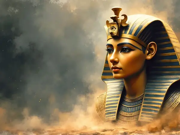 Die goldene Totenmaske eines Pharaos erscheint majestätisch in einem Sandsturm der ägyptischen Mythologie.