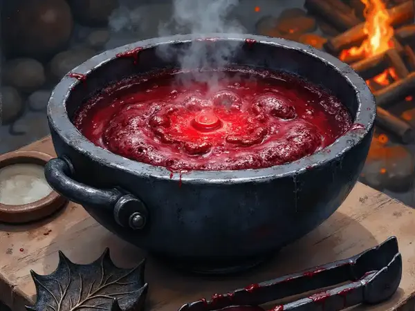 Dunkler Eisenkessel, in dem zähflüssiges, heißes Drachenblut brodelt, umgeben von blutbefleckten Werkzeugen auf einem Holztisch.