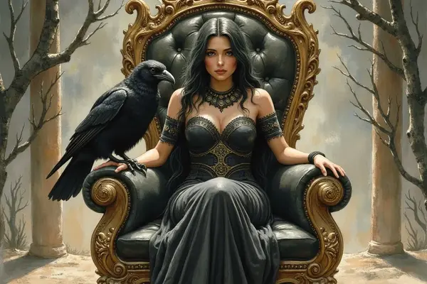 Lilith, eine Frau mit langen schwarzen Haaren, sitzt in einem dunklen Kleid auf einem prunkvollen Thron. Ein großer, schwarzer Rabe sitzt auf der Armlehne, während hinter ihr der Vollmond zwischen kahlen Bäumen scheint.