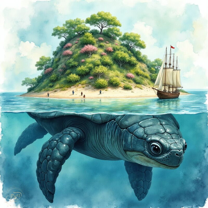 Eine riesige Meeresschildkröte, die Aspidochelone, schwimmt unter Wasser, während ihr Rücken eine bewaldete Insel bildet, auf der kleine menschliche Figuren stehen. Neben der lebenden Insel ankert ein historisches Segelschiff.