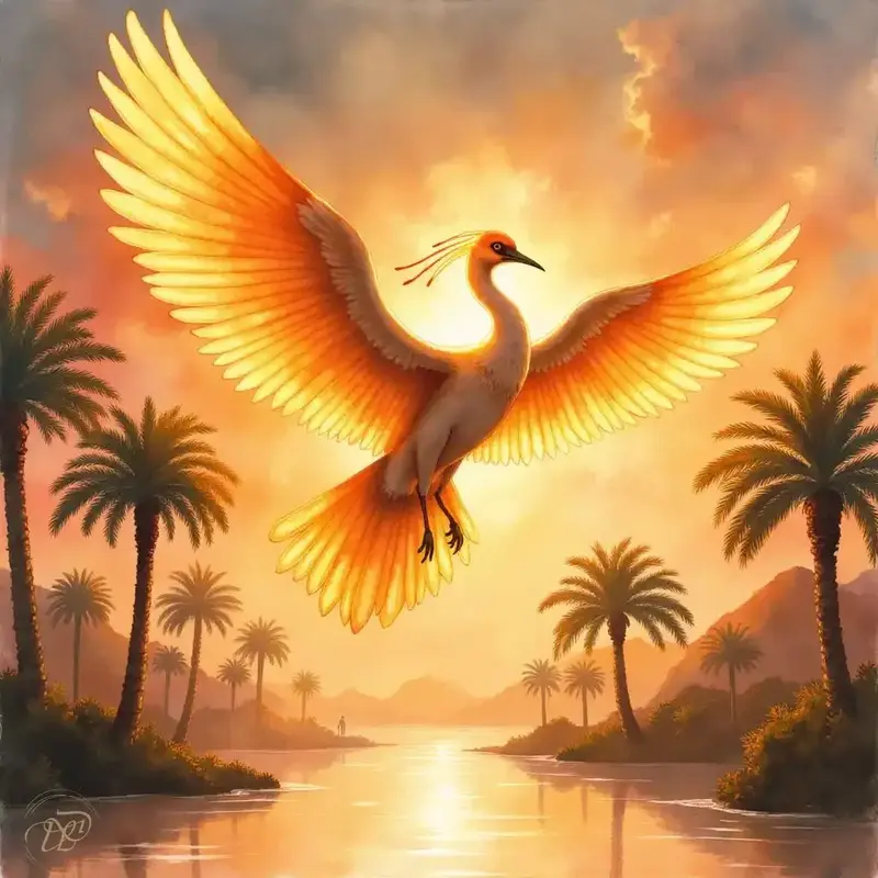 Der göttliche altägyptische Totenvogel Benu als majestätischer Reiher im Sonnenaufgang