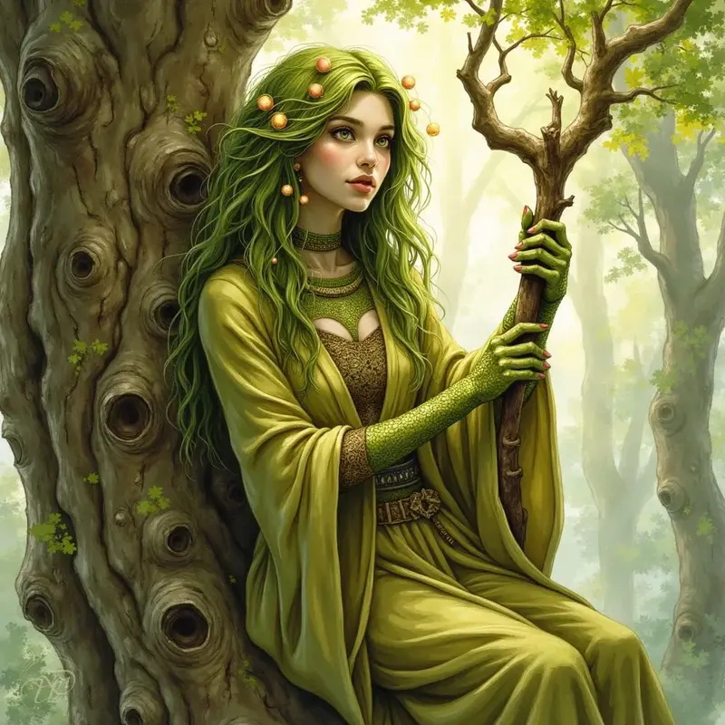 Eine Dryade mit langen, leuchtend grünen Haaren und einem fliessenden Gewand lehnt an einem knorrigen Baumstamm. Sie hält einen jungen Baum-Setzling in ihren Händen und blickt in den sonnendurchfluteten Wald.