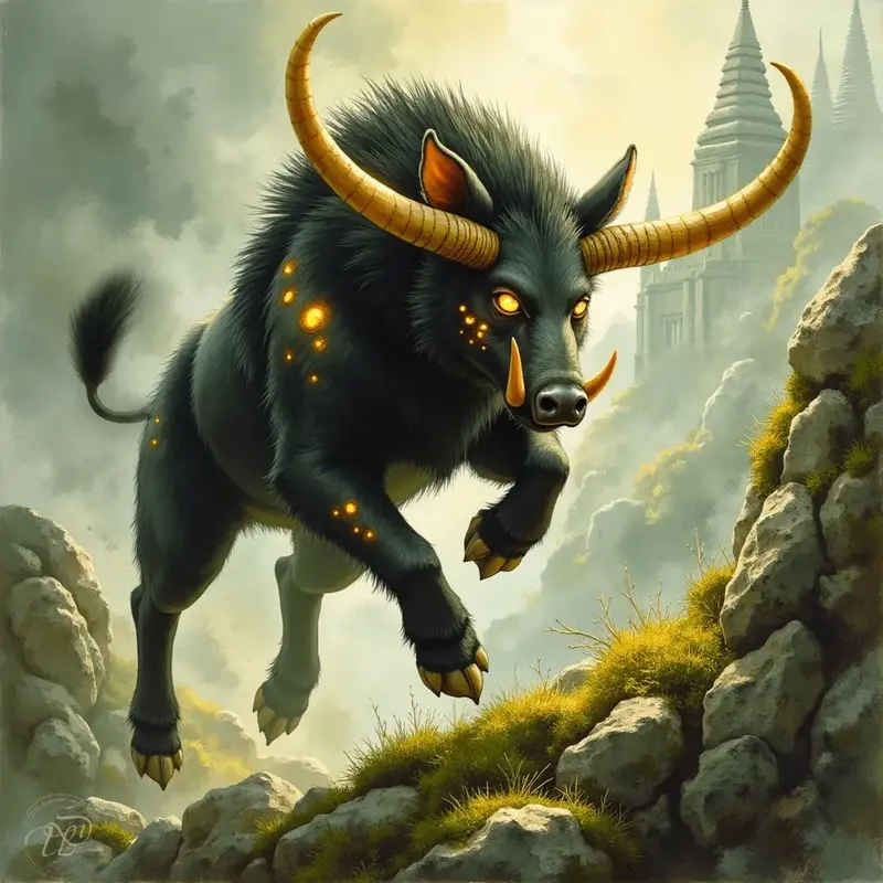 Eine mythische Bestie namens Yale, die einem schwarzen Stier mit Eberhauern und langen, goldenen Hörnern ähnelt, springt über eine felsige Klippe. Im nebligen Hintergrund ist die Silhouette eines indischen Tempels zu sehen.