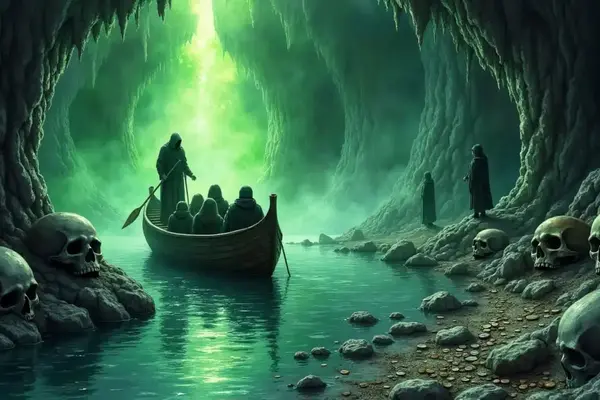 Ein Boot mit den Fährmann Chiron und verhüllten Gestalten fährt über den schwarzen Fluss Styx, erhellt von magischem Licht, im Hades. Am Ufer liegen große Totenschädel.