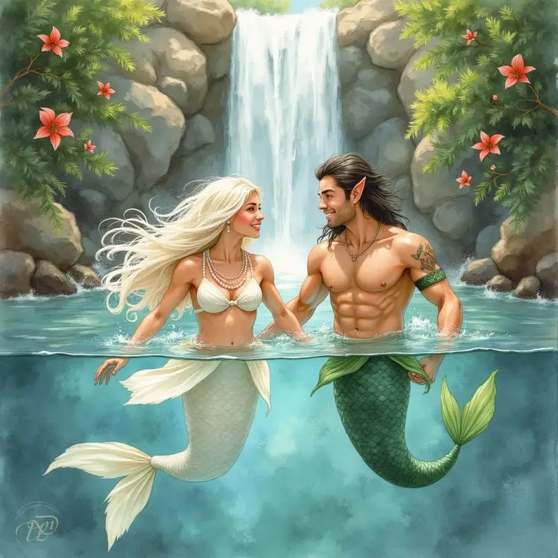 Eine Nixe mit langem blonden Haar und weißem Fischschwanz und ein Nöck (Wassermann) mit dunklen Haaren und grünem Fischschwanz halten sich in einer Grotte vor einem Wasserfall an den Händen. Die Unterwasseransicht zeigt ihre beiden Fischleiber, während si