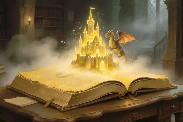 Ein aufgeschlagenes antikes Buch, aus dem eine magische Welt als goldener Nebel aufsteigt.