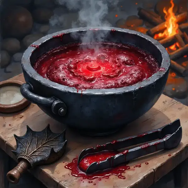 Dunkler Eisenkessel, in dem zähflüssiges, heißes Drachenblut brodelt, umgeben von blutbefleckten Werkzeugen auf einem Holztisch.