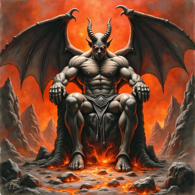 Ein muskulöser Teufel mit grauer Haut, leuchtend roten Augen und großen Fledermausflügeln sitzt auf einem Thron aus schwarzem Fels. Er befindet sich in einer höllischen Landschaft mit rissigem Boden, aus dem Lava strömt.