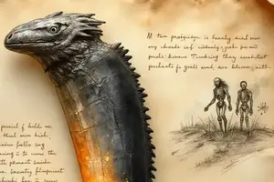 Drachenzahn mit fein herausgearbeitetem Drachenkopf auf einem vergilbten Pergament, dessen Basis mystisch orange glüht, umgeben von altertümlichen Handschriften und detaillierten Skizzen zweier Skelettwesen