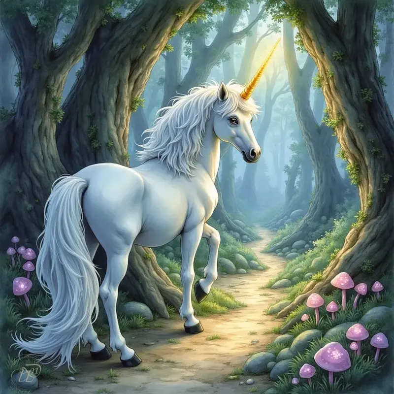 Weißes Einhorn mit goldenem Horn auf einem Waldpfad zwischen moosigen Bäumen und Pilzen
