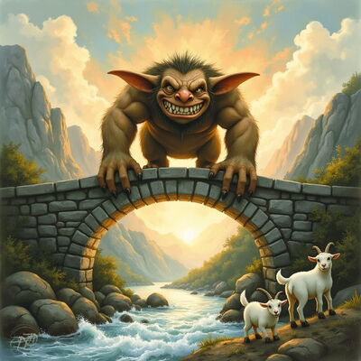 Ein muskulöser, brauner Troll mit spitzen Ohren und einem breiten, zähnestarrenden Grinsen hockt auf einer alten Steinbrücke. Unter ihm fließt ein Fluss, am Ufer stehen zwei weiße Ziegen.