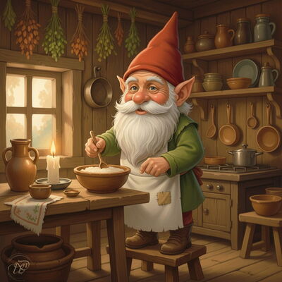 Ein Wichtel mit spitzer roter Mütze, weißem Bart und grüner Jacke steht auf einem Schemel in einer rustikalen Küche. Er trägt eine Schürze und rührt mit einem Löffel in einer Holzschüssel.