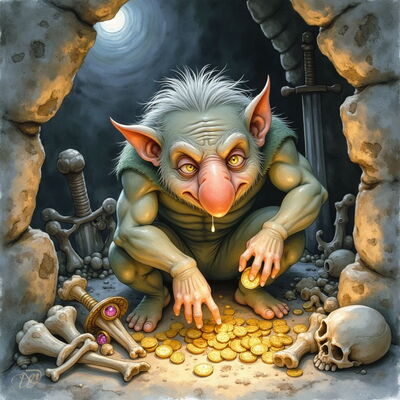 Ein kleiner, kauernder Höhlentroll mit kahler Haut, großen spitzen Ohren und gelben Augen zählt gierig Goldmünzen in einer dunklen Höhle. Um ihn herum liegen Knochen, ein Schädel und alte Schwerter.