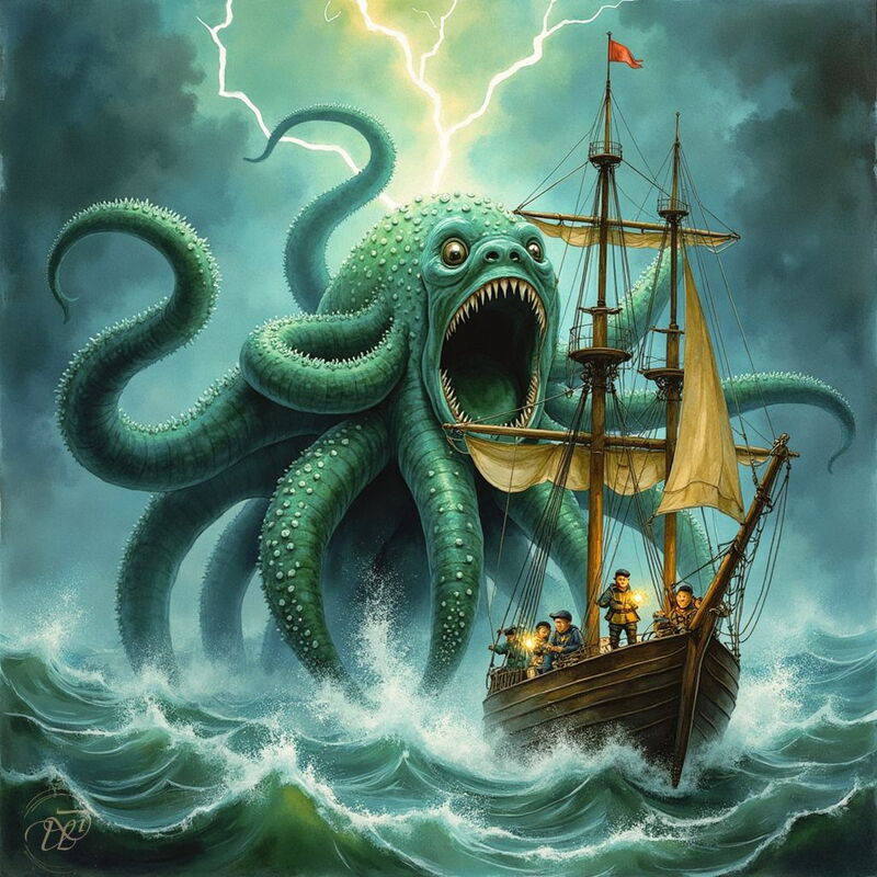 Ein gigantischer, grüner Krake mit aufgerissenem, zähnebewehrtem Maul und riesigen Tentakeln erhebt sich aus einem stürmischen Meer, um ein Segelschiff anzugreifen. Am dunklen Himmel zuckt ein Blitz, während die Seeleute an Deck dem Seeungeheuer entsetzt