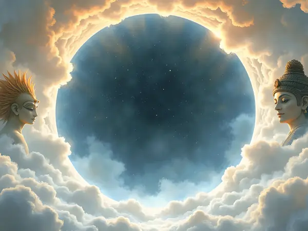 Profile von ägyptischen Göttern, Buddha und Gottheiten vor einem kosmischen Kreis im Lexikon der Götter.