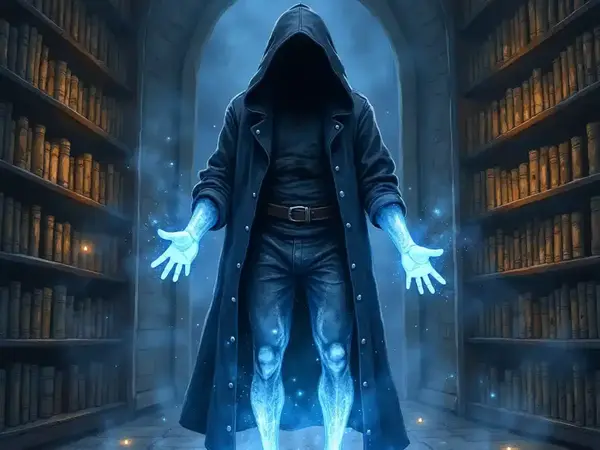 Ein Magier wirkt den Zauber der Unsichtbarkeit in einer alten Bibliothek und wird transparent.