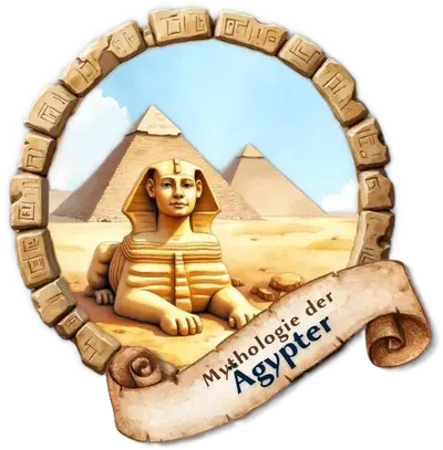Sphinx und Pyramiden in der Wüste, umschlossen von einem Ring aus Hieroglyphen-Steinen mit Banner.