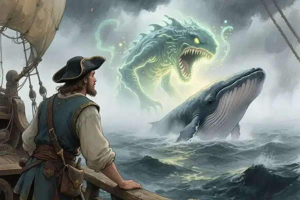 Ein Seefahrer sieht im Nebel ein Monster, wo eigentlich nur ein Wal ist.