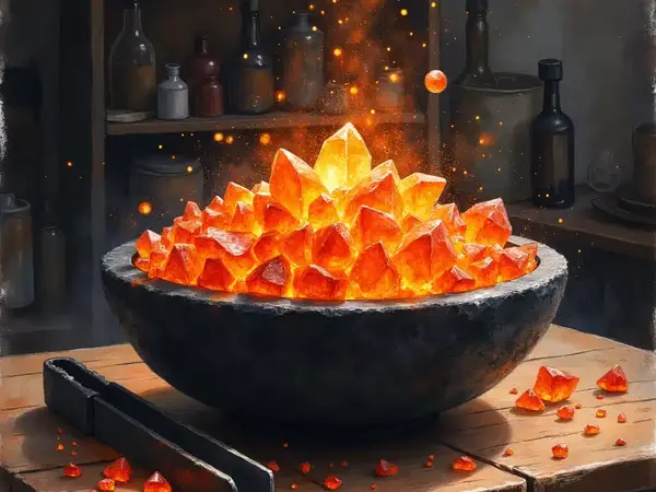 Leuchtende orange Feuersalze in einer Steinschale auf einem Alchemie-Tisch.