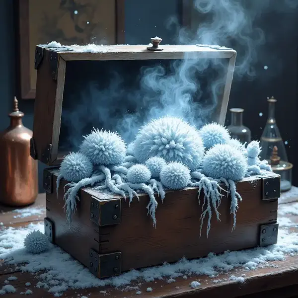 Geerntete, gefrorene Nebelwurz in einer Holzkiste auf einem Alchemie-Tisch, kalter Nebel steigt auf.